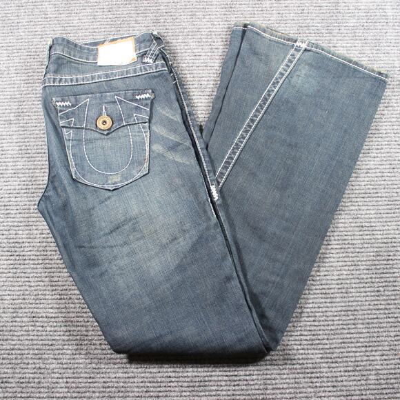 True Religion Women’s Big T Flare Jeans Flap Pockets Medium Wash 32 x 33 - Picture 1 of 11